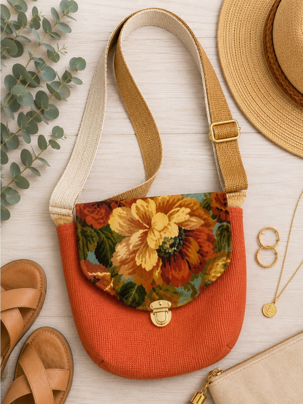 Handmade Crossbody Bag Medium Rust Orange Floral